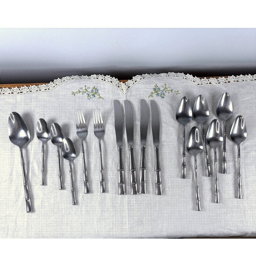 SCC Japan Bamboo Stainless Steel Flatware Set 16pc Vintage MCM Silverware